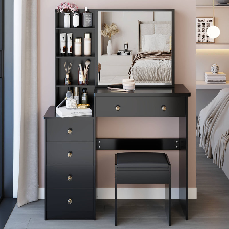 Meuble-lavabo de 37 po avec tabouret de taille moyenne 37 po + tabouret rembourré, très grand miroir coulissant à droite, rangement multi-couches à grande capacité, commode pratique et pratique, convient aux espaces moyens