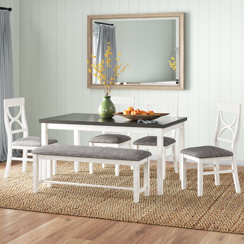 6-Piece Wood Dining Table Set Kitchen Table Set With Upholstered Bench And 4 Dining Chairs, White, Gray