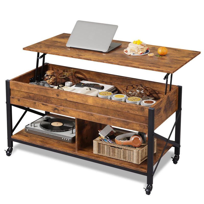 Grande table basse extensible à plateau relevable Sparta avec rangement et roulettes interchangeables, table basse carrée pour le salon  