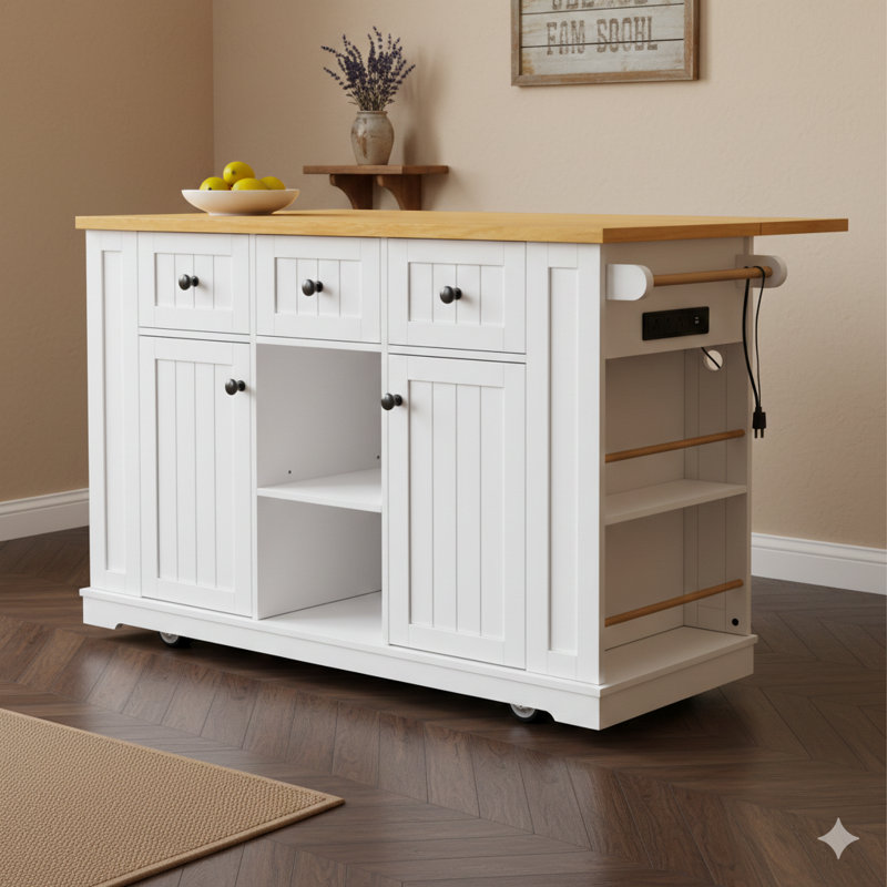 Grand îlot de cuisine de 53 pouces avec plateau rabattable, prise de courant intégrée, support de rangement pour porte intérieure, chariot à roulettes à 5 roulettes, 5 compartiments de rangement latéraux ouverts - convient pour la cuisine et la salle à manger, fini blanc (tabourets de bar non inclus)