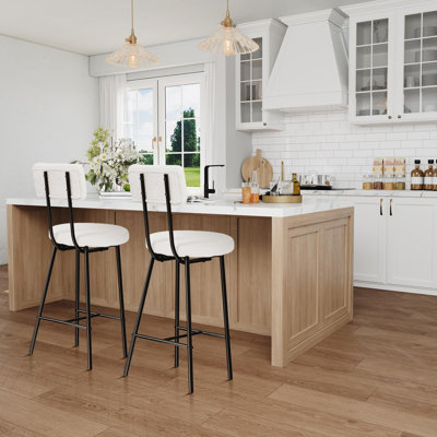 Boucle Upholstered Bar Stools, Modern Counter Height Bar Chairs With High Back, Footrest And Metal Leg