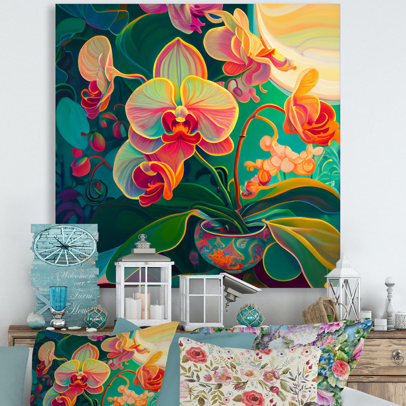 Orchidée en fleurs dans des couleurs vives rétro III - impression, H 24 po x l 24 po x P 1 po, Toile tendue