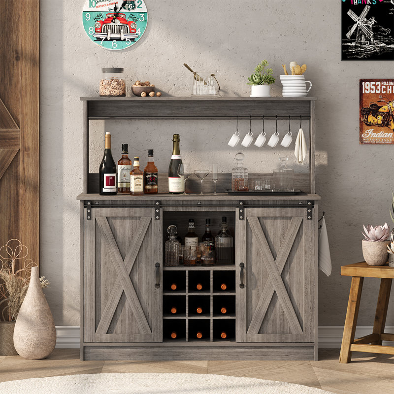 Bar Abrianna, bar à ferme avec 6 crochets, bar à café avec huche de 47 po et 9 supports pour clin d'œil, Gris