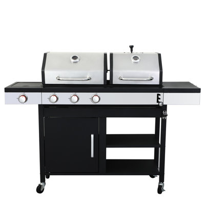 Outdoor Grilling Machine: 3 Propane Gas Grill With Side Burner & Charcoal, 37230Btu, Enameled Cast Iron Cooking Grids, Stainless Bbq Charcoal Option, 37230Btu Output, Steel For Camping Tent
