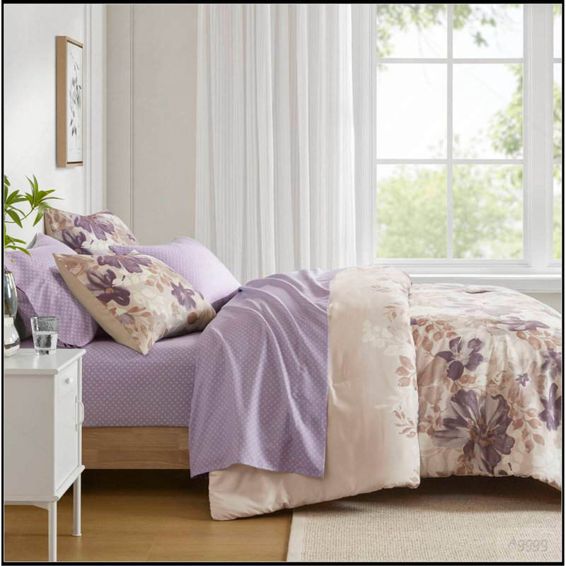 Ensemble d'édredon floral avec draps Taupe, Édredon double et 6 pièces supplémentaires