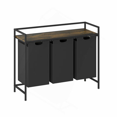Panier à linge avec tablette, trieur à linge à 3 bacs avec couvercle en bois, double panier avec sacs en tissu amovibles, structure en métal, organisateur de vêtements autoportant pour chambre, salle de bain ou buanderie.