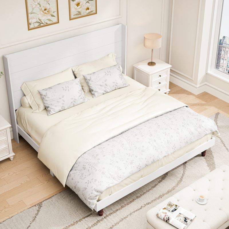 Lit très grand avec une tête de lit confortable de 54 po de hauteur en blanc, en contreplaqué, en bois d'hévéa et en pin blanc pour plus de confort, composé de