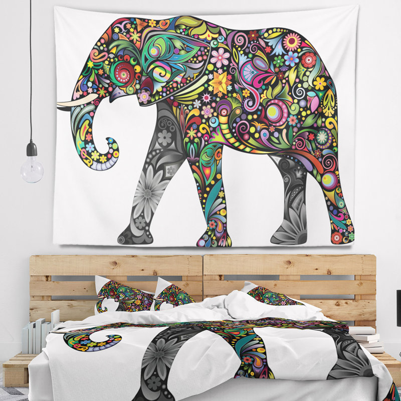 Tapisserie éléphant joyeuse animal floral, H 32 po x l 39 po
