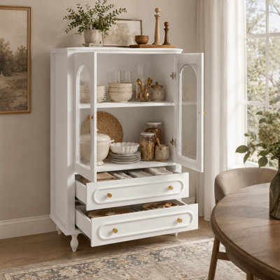 46.6-inch White Curved Striped Glass Storage Cabinet with Double Drawers and Shelves, Wooden Collection Display Cabinet for Home Living Room