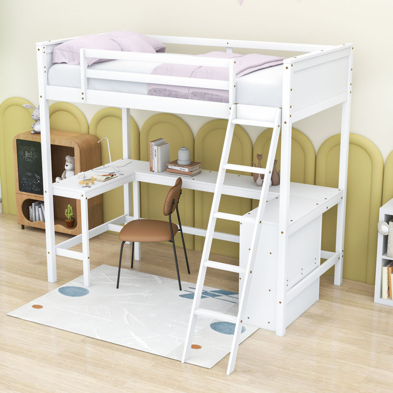 Lit mezzanine simple en bois avec bureau intégré et tablettes, Blanc
