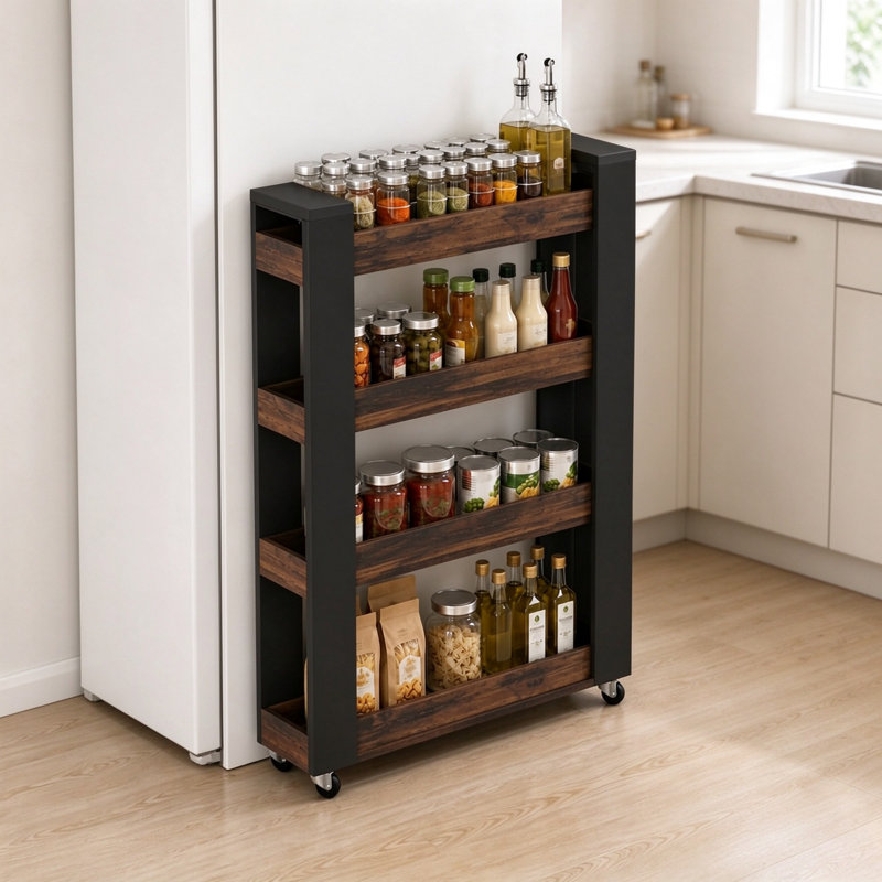 60 cm W Kitchen Cart with, Black & Rustic Oak