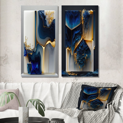 Gold Blue Geode Wall Art, 2-Piece Canvas Set - Abstract Geode Gold And Blue Marble Shape