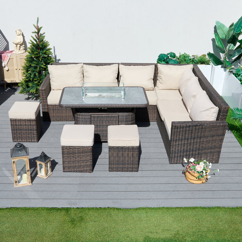 Ensemble repas d'extérieur en osier pour 9 personnes, Coussin beige / structure brune