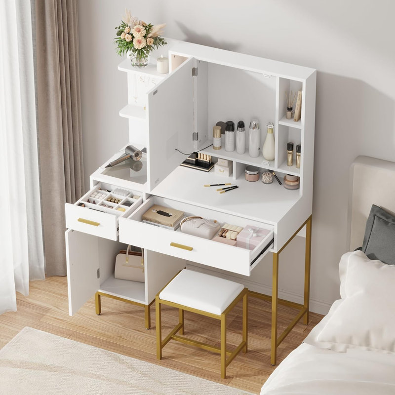 Coiffeuse de maquillage avec prise de courant, bureau de coiffeuse avec miroir et lumières, Blanc
