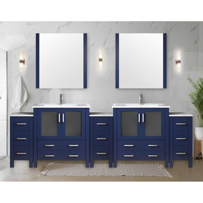 Navy Blue Double Bath Vanity 108 In. W X 18.25 In. D, With Side Cabinets, And White Ceramic Top