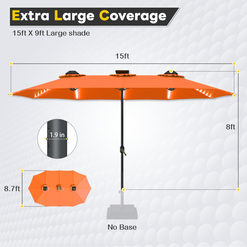 Grand parasol double 15 pi avec lumières solaires, Orange