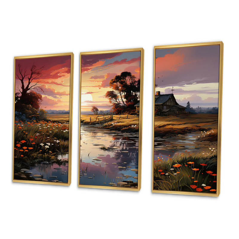 «Relaxing Farm Charm Sunset» - ensemble d'art mural de ferme, Cadre flottant doré, H 40 po x l 60 po x P 1 po