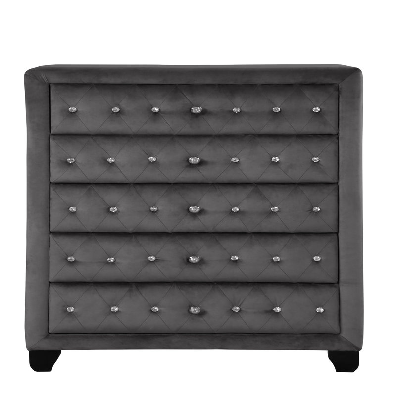 Commode capitonnée à 5 tiroirs de style moderne avec tissu en velours et bois, Gris