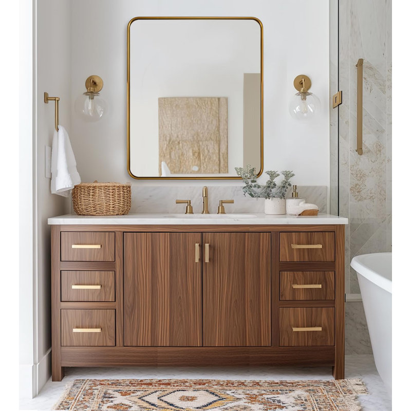 Miroir de salle de bain rectangulaire contemporain arrondi | Structure en U en aluminium, 36 po x 30 po, Or brossé