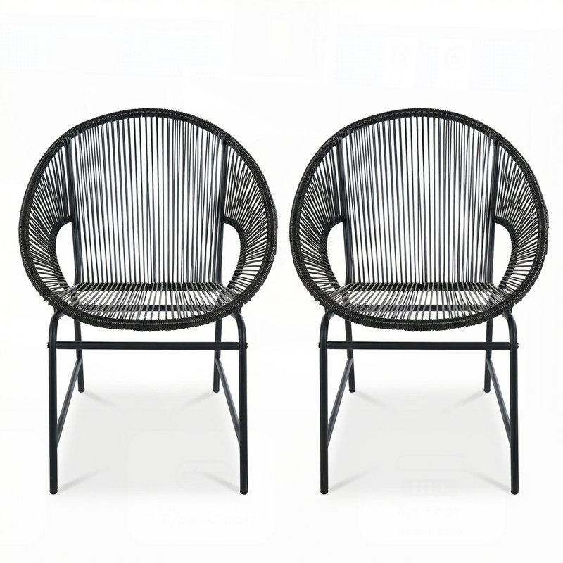 Nusa Outdoor Patio Wicker Chair, Black PE Rattan Iron Frame, Set of 2, Durable and Stylish for Modern Outdoor Spaces, Black