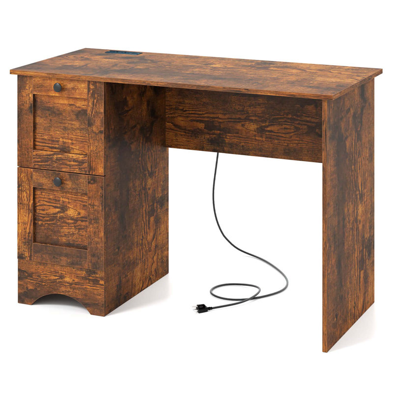 43" Home Office Desk Compact Study Writing Desk With 2 Drawers Charging Station Brown