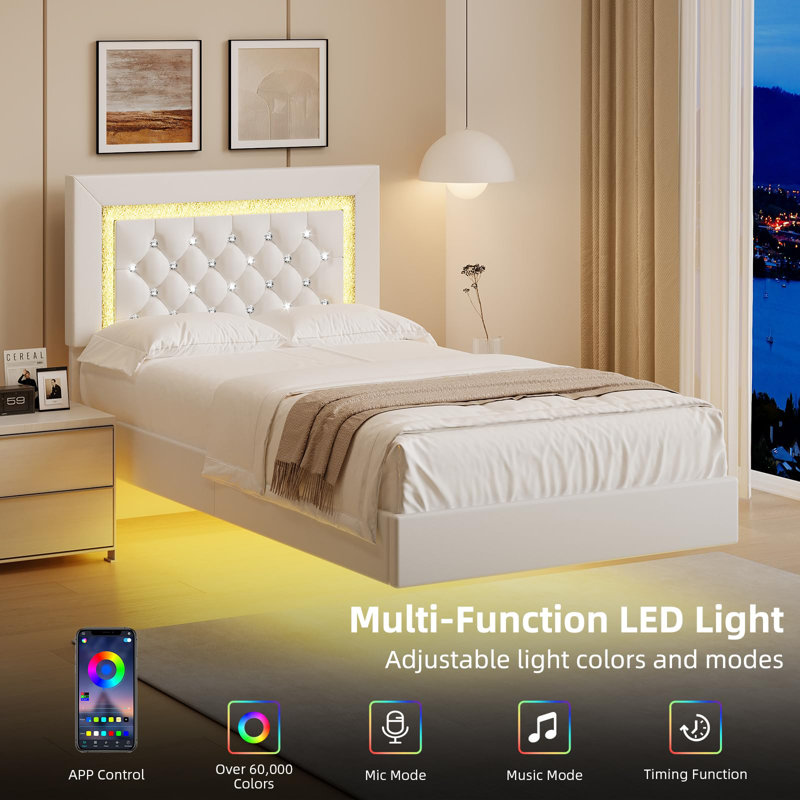 Alber Floating Bed Frame with LED Lights, Upholstered Platform Bed with Diamond Tufted Headboard, No Box Spring Needed, Noise Free, Easy Assembly