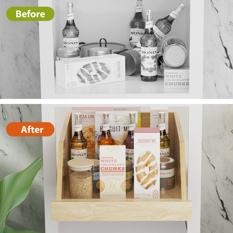 Organisateur d'armoire coulissant avec glissières à pleine extension, tablette coulissante en bois pour armoire de cuisine avec support en U