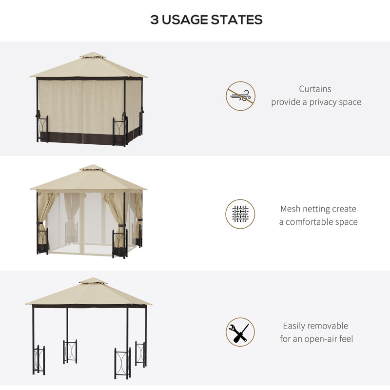 Beige and Black Steel Frame Patio Gazebo with Curtains
