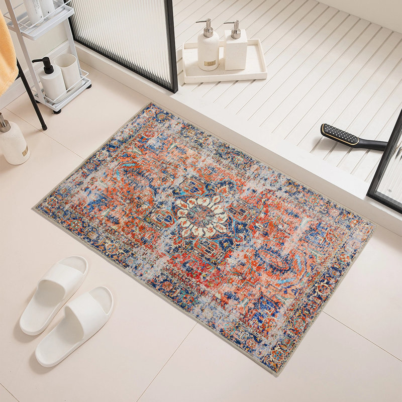 Tapis d'intérieur 8 pi x 10 pi, paillasson lavable résistant aux taches, envers en caoutchouc antidérapant, tapis vieilli rétro, orange