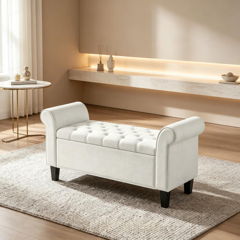 Banc de rangement capitonné avec accoudoirs arrondis, pouf de rangement avec charnière de sécurité et pieds en bois massif pour le pied de lit