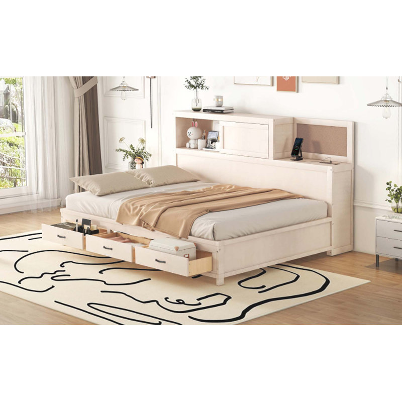 Lit de jour en bois pleine grandeur avec 3 tiroirs de rangement, tablette souple supérieure, tablette et ensemble de prises et ports USB