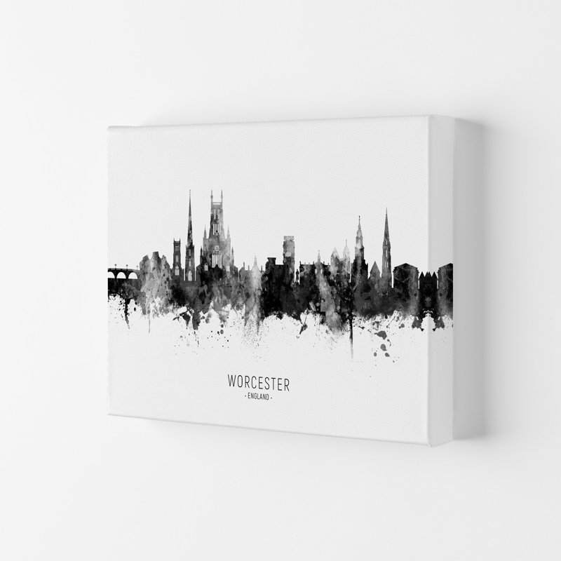 Worcester England Skyline Black White City Name by Michael Tompsett - Print, Wrapped Canvas, 42cm H x 59.4cm W x 4cm D