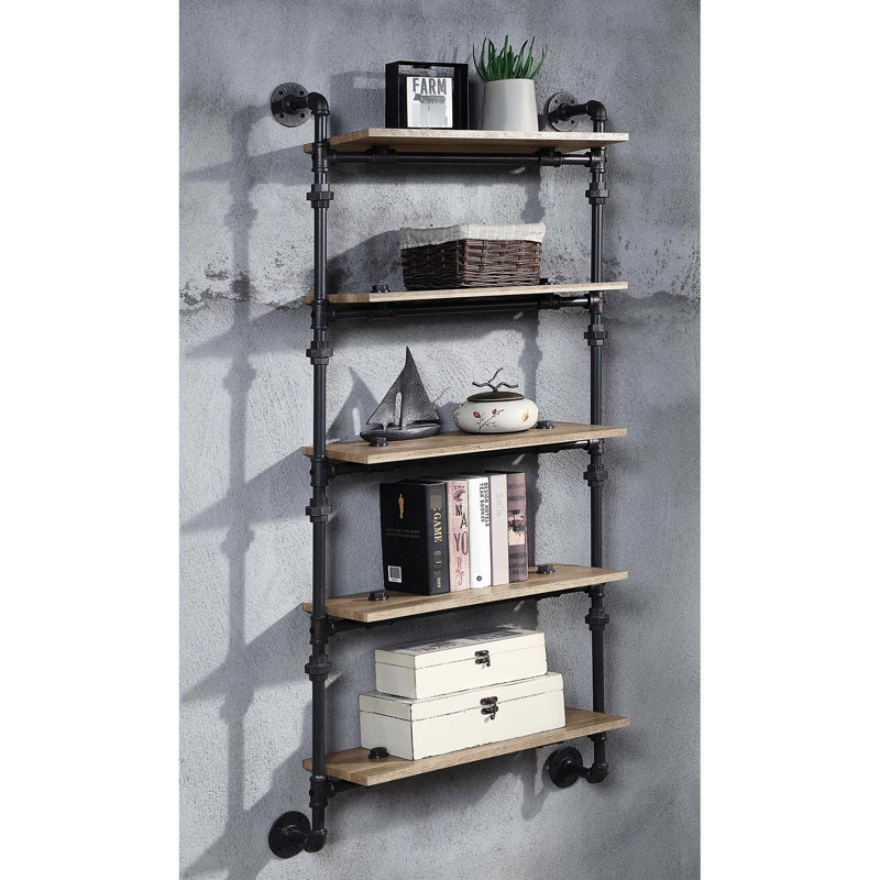 Wall Mounted 5 Tier Shelf With Metal Tube, Oak And Sandy Black Color, Water Pipe Design, For Home Decor Storage Display, 23"L Shelf, 59" Tall Floating In Style, For X 9"W Shelves, 28" Depth