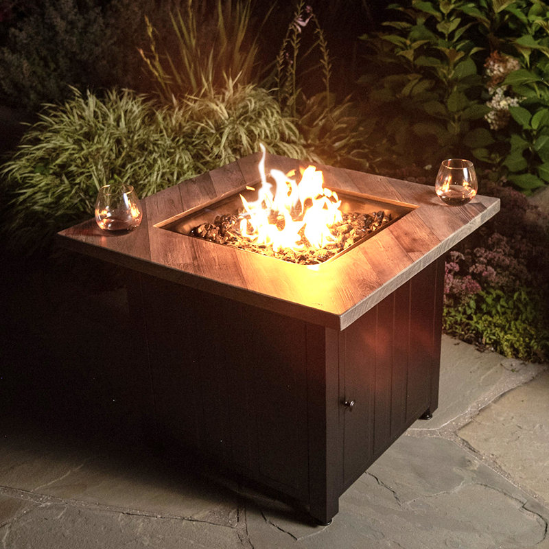 Black and Gray Steel Gas Fire Pit Table with Faux Wood Mantel