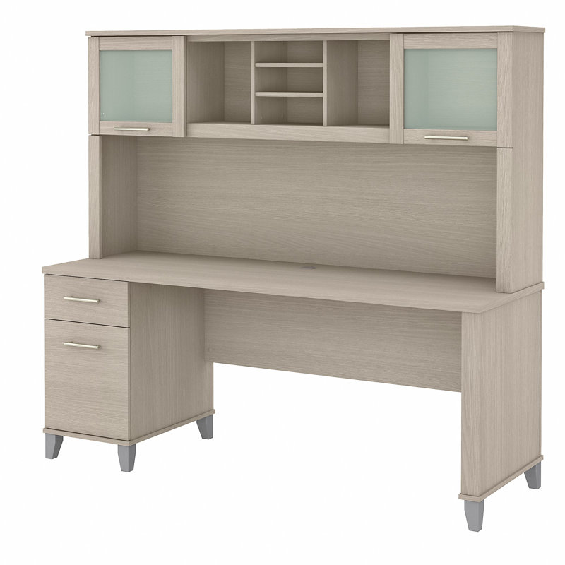 Paelynn 72” Office Desk with Hutch and Drawers, Computer Office Desk with Storage, Modern Wood, Sand Oak, Sand Oak