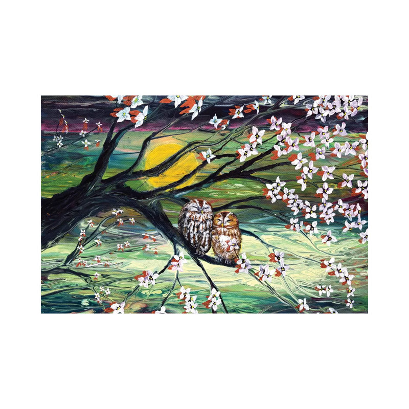 Sleepy Owls In Dogwood Blossoms par Laura Iverson - Toile tendue avec châssis sur toile tendue, H 18 po x l 26 po x P 1,5 po