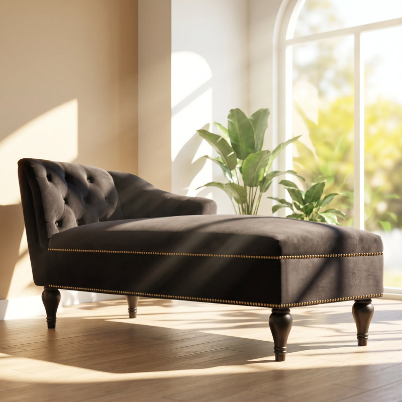 Chaise longue en velours capitonné à accoudoir droit l 58 po x P 26,5 po x H 28,6 po Everly