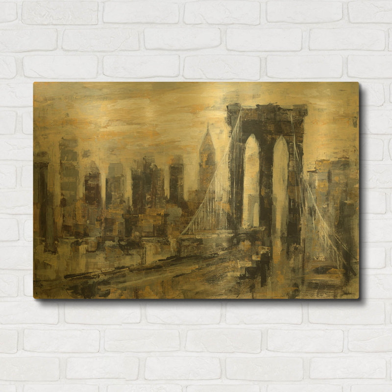 «Brooklyn Bridge Gray and Gold» par Silvia Vassileva, art mural en métal doré, 36 po x 24 po, 36"x24"
