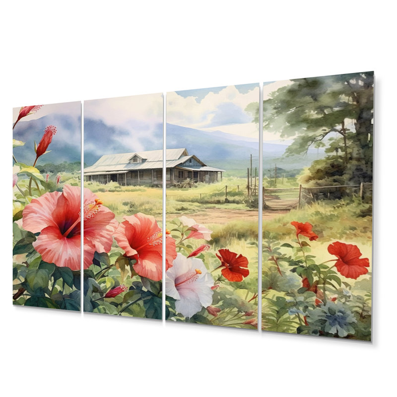 Ensemble de décorations murales en métal rose et vert Hibiscus Harmony I