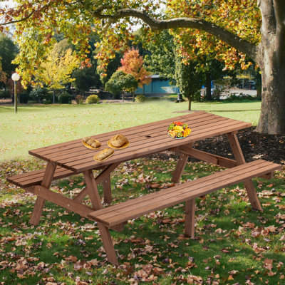 8 Person Wooden Picnic Table, Outdoor Camping Dining Table With 2 Seats, Garden, DIY With 2 Built-In Benches, 2220Lb Capacity by Bungalow Rose