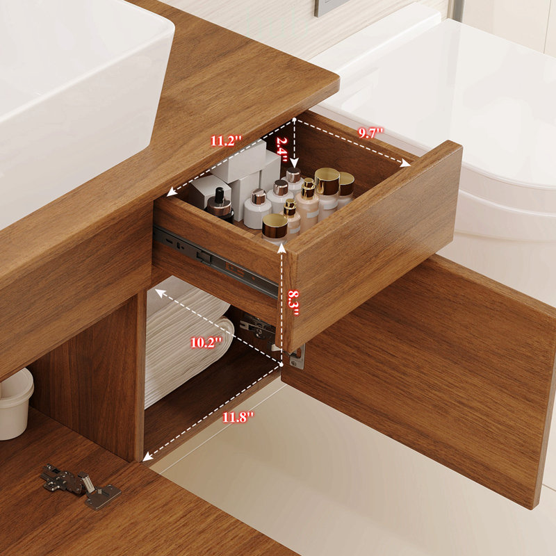 Meuble-lavabo suspendu simple de 80 cm (31,5 pouces) avec lavabo, dessus en bois durable et rangements organisés