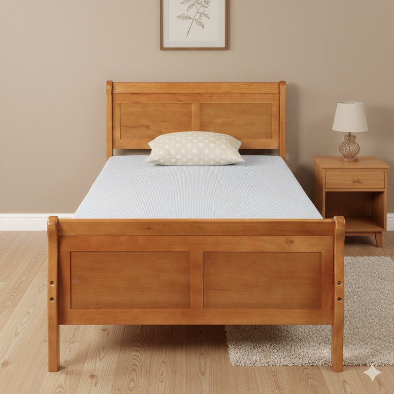 Structure de lit simple en bois avec sommier et sommier, lit de style traîneau avec tête de lit et pied de lit / système de support à lattes en bois
