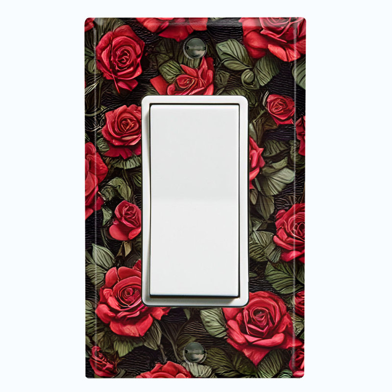 Metal Light Switch Plate Outlet Cover (Red Roses Love Flower - Single Rocker)