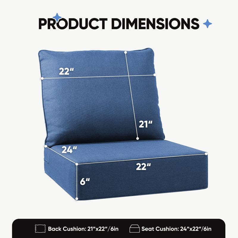 Outdoor 6" Thick Deep Seat Cushion Set - Replacement Patio Chair Cushions with Removable Cover - Universal Fit for Sofa, Loveseat, Armchair (22"W x 24"D, Back & Seat)