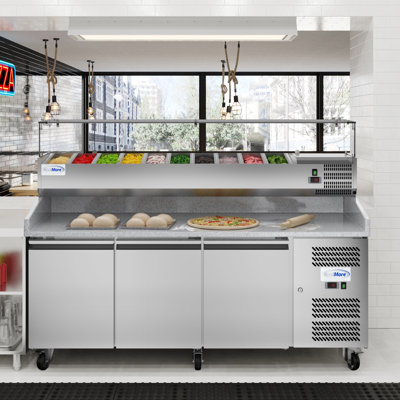 79 in. Three-Door Commercial Refrigerated Granite Top Pizza Prep Station With a Refrigerated Stainless-Steel Condiment Pan Holder (KM-RPCPS-2D79-GRT)