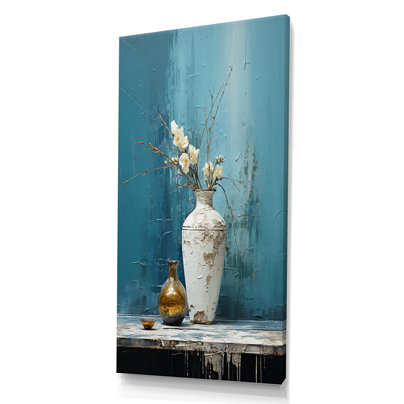 Vase de poterie bleu et blanc Boho, Toile tendue, H 60 po x l 28 po x P 1,5 po