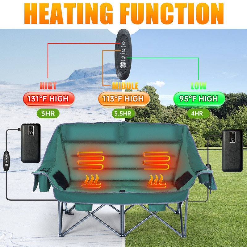 Heated Double Camping Chair, Oversized Loveseat with Padded Seat, Cooler Bag, and Heated Comfort for Adults
