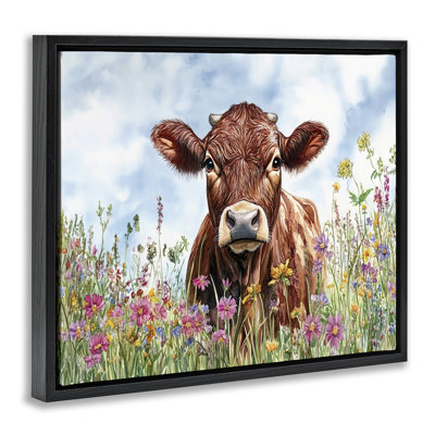 Angus Cow in Field Of Flowers  Floater Canvas Wall Art, design by Franklyn Gregory
