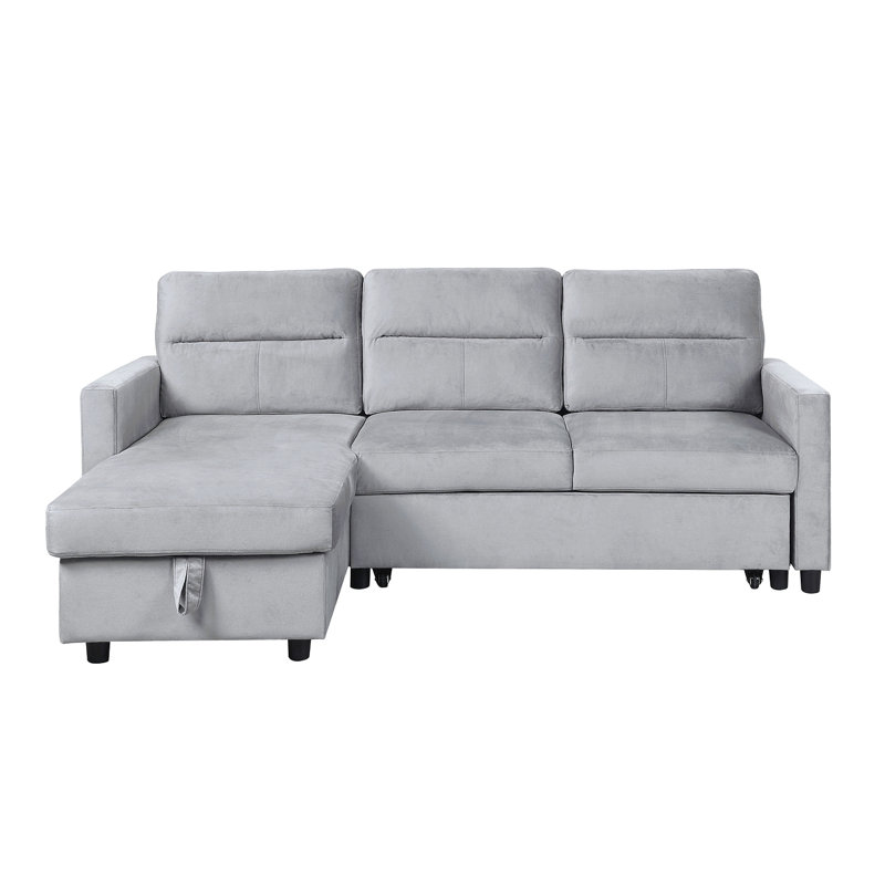 Ruby 81.5" Light Gray Velvet Reversible Sleeper Sectional Sofa With Storage Chaise And Side Pocket, Gray