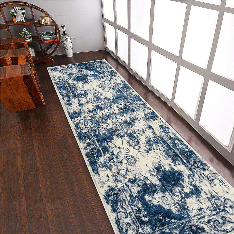 Machine Made Heatset Polyproplyene Area Rugs - Runner, Ivory Blue Color, Abstract Modern Design, Low Pile Machine Made Area Rugs for Living Room, Bed Room
